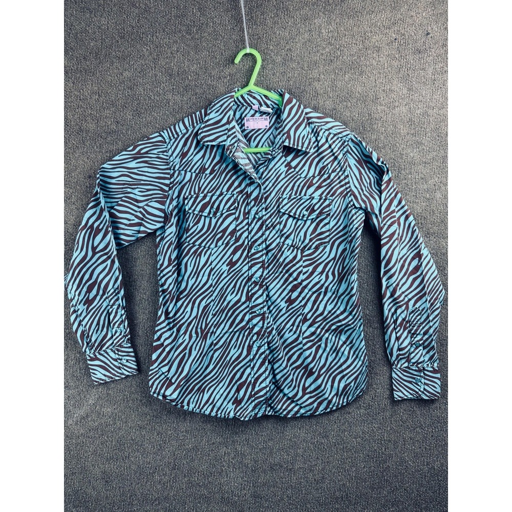 RANSON RANCH Button-Up Womens M Blue Animal Print Slim Fit Long Sleeve